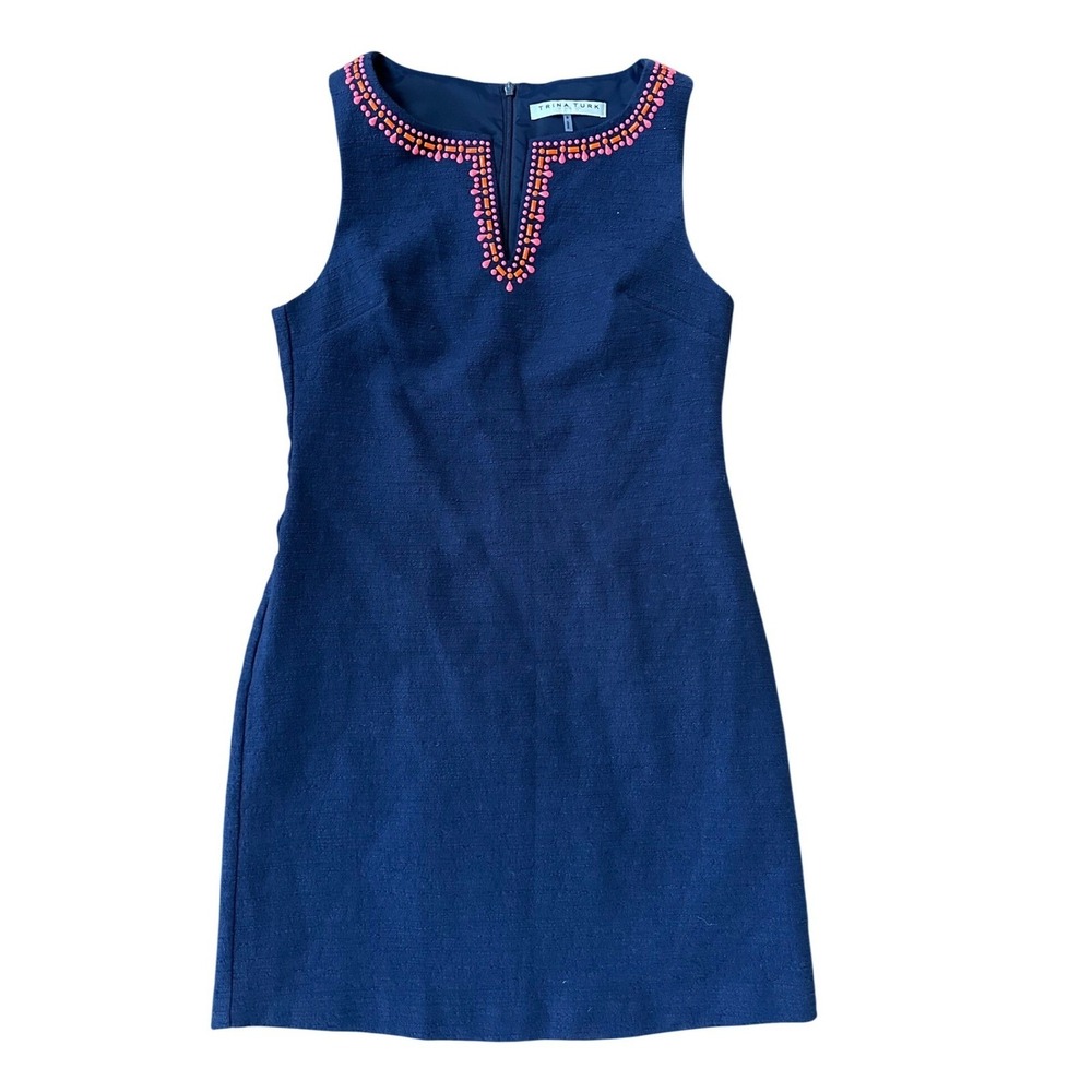 Trina Turk Indigo Seal Navy Blue Mini Dress Coral & Pink Beaded Neckline Size 6